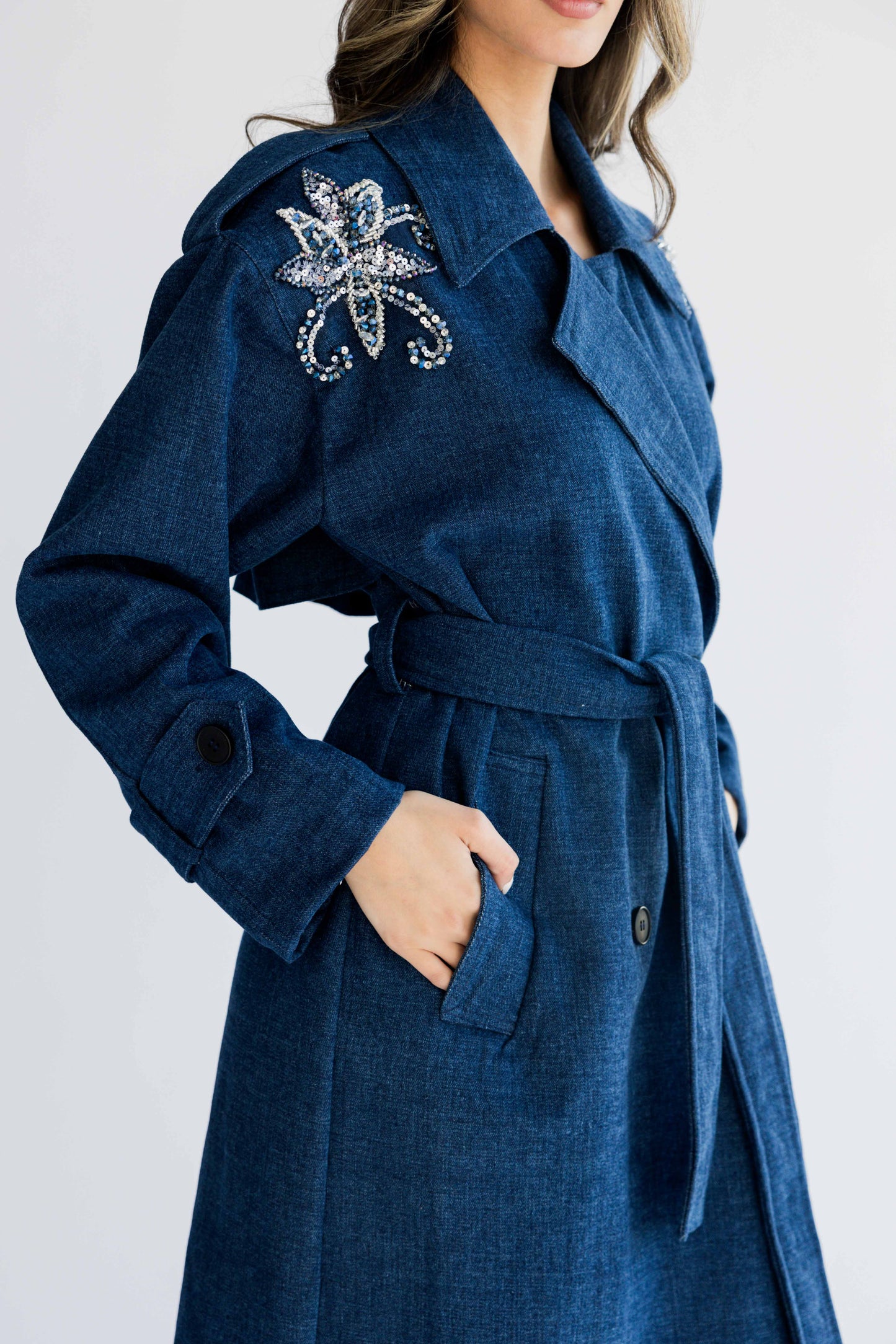 Denim trench coat